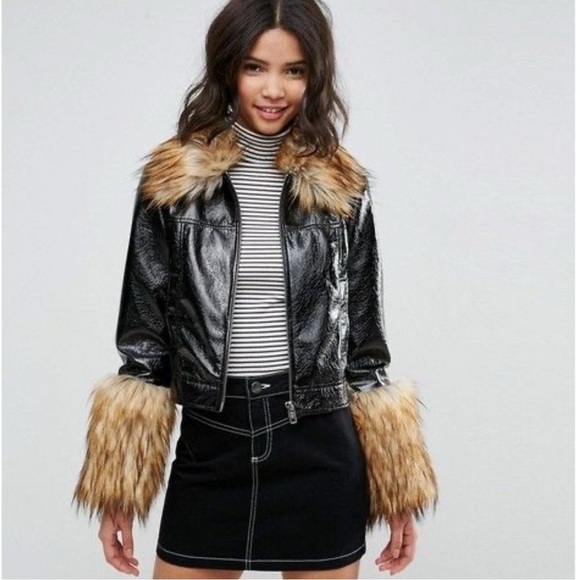 asos Faux Leather Faux Fur‎ Cropped Black Tan Jacket size 6 Streetwear - Picture 1 of 8